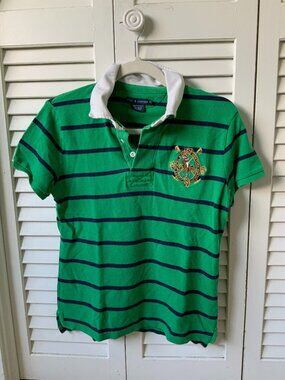 Ralph Lauren Striped Polo Shirt Green Navy Youth Large L